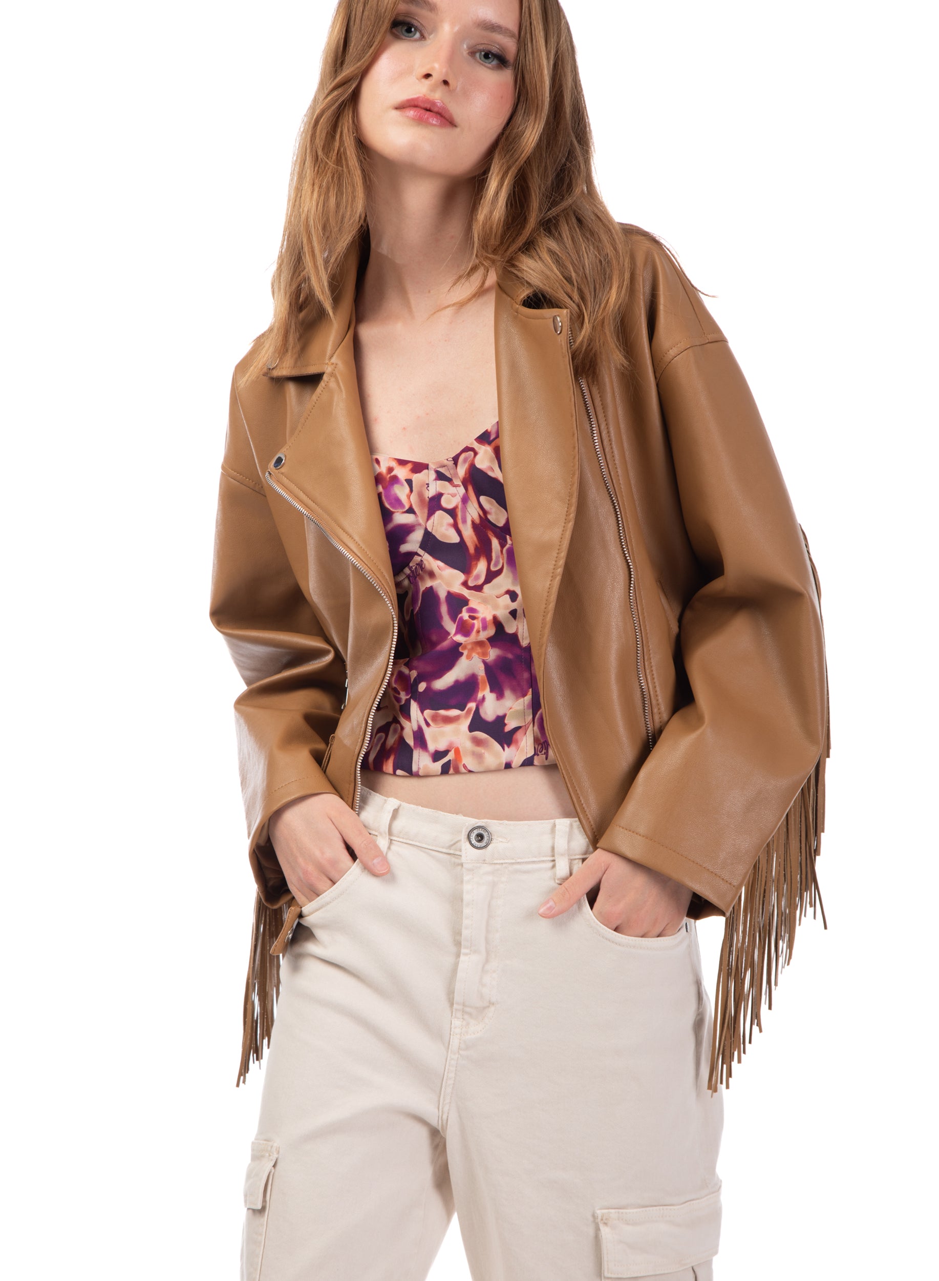 Giacca oversize con frange in ecopelle beige