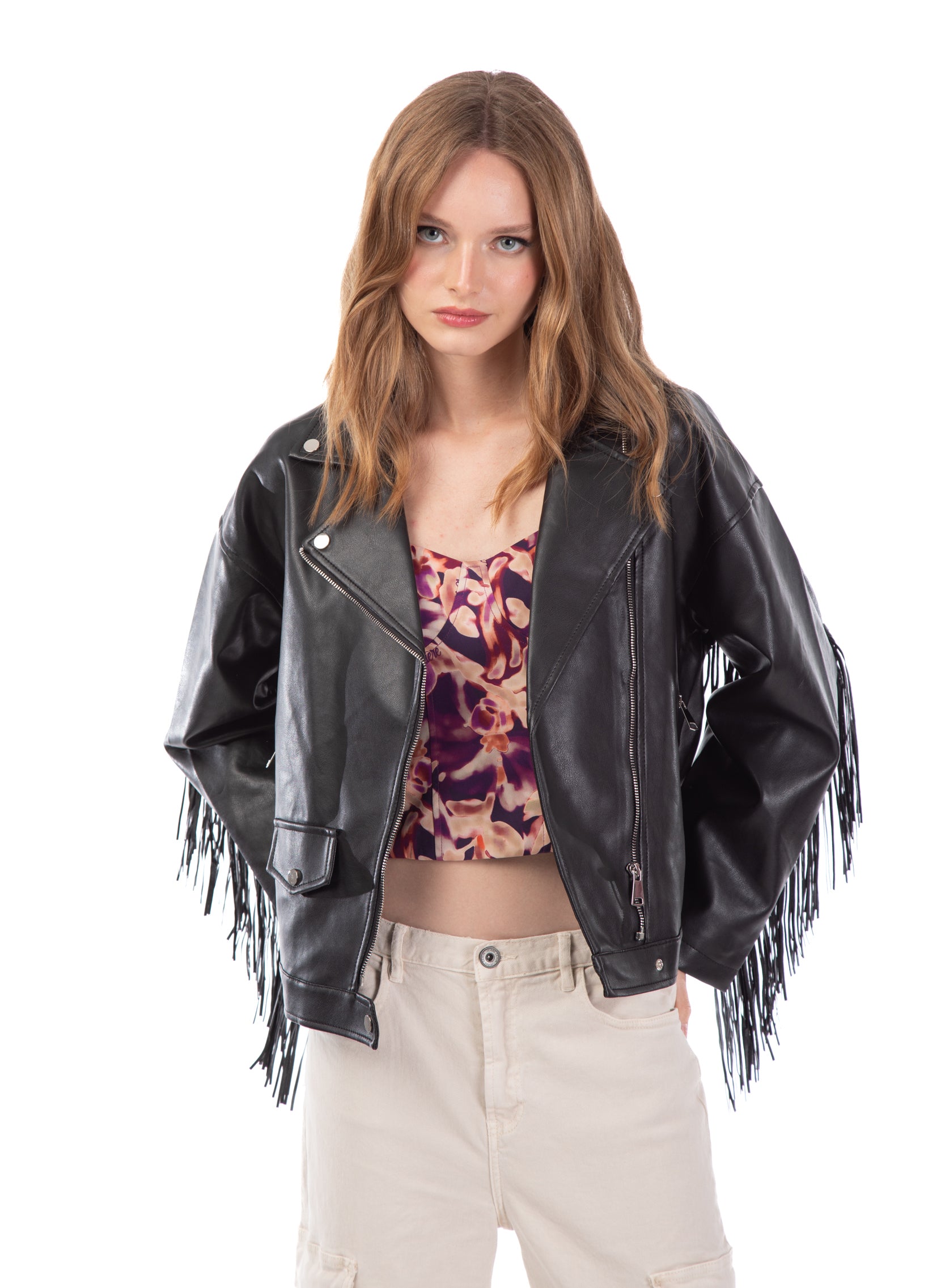 Giacca oversize in ecopelle nera con frange