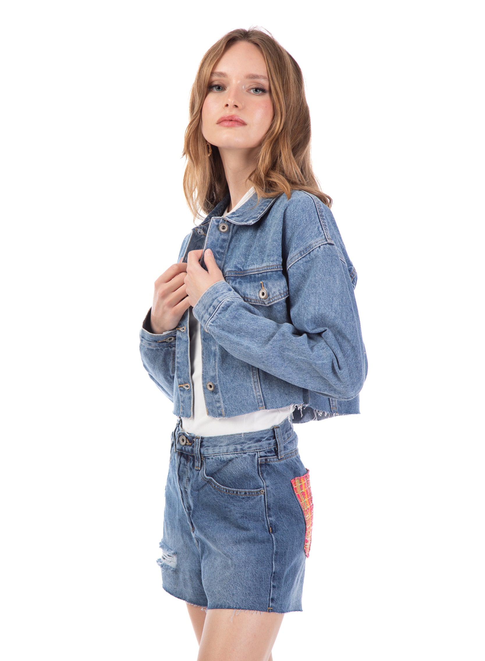 Giacca in denim con dettaglio tasca in tweed
