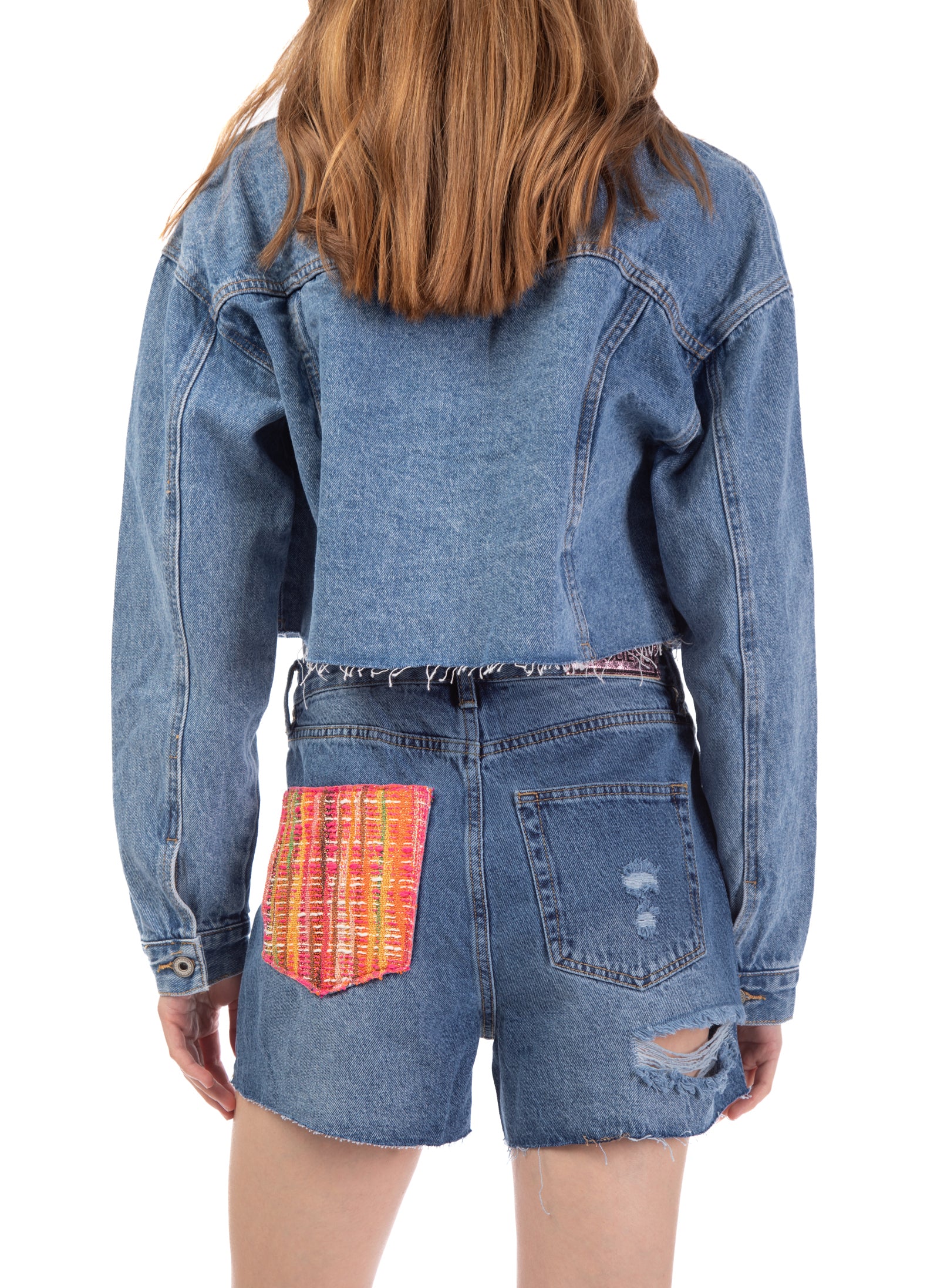 Shorts in denim con dettaglio tasca in tweed