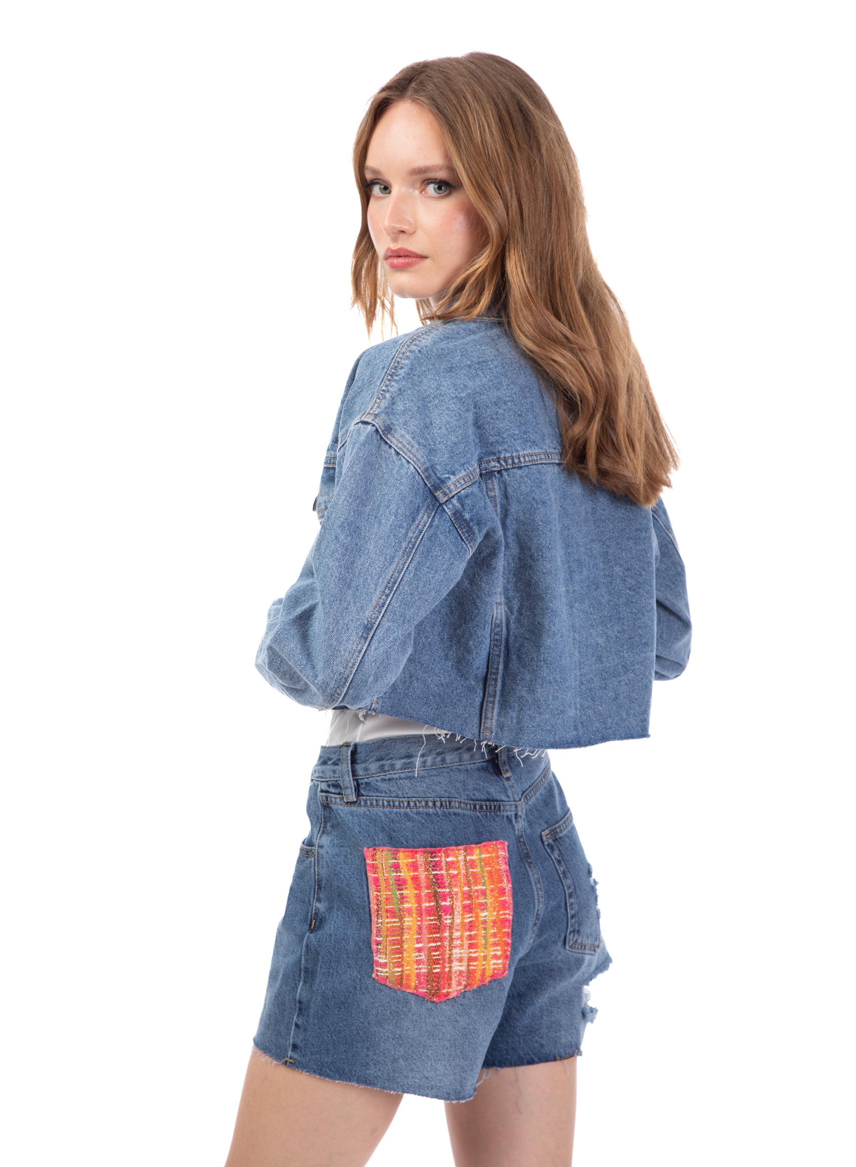 Shorts in denim con dettaglio tasca in tweed