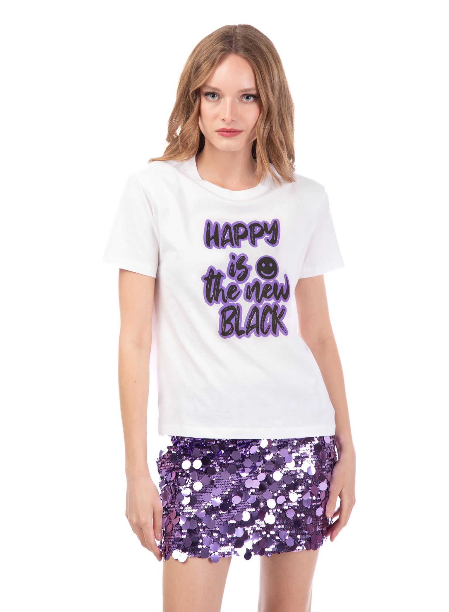 T-shirt bianca 'Happy is the new black'