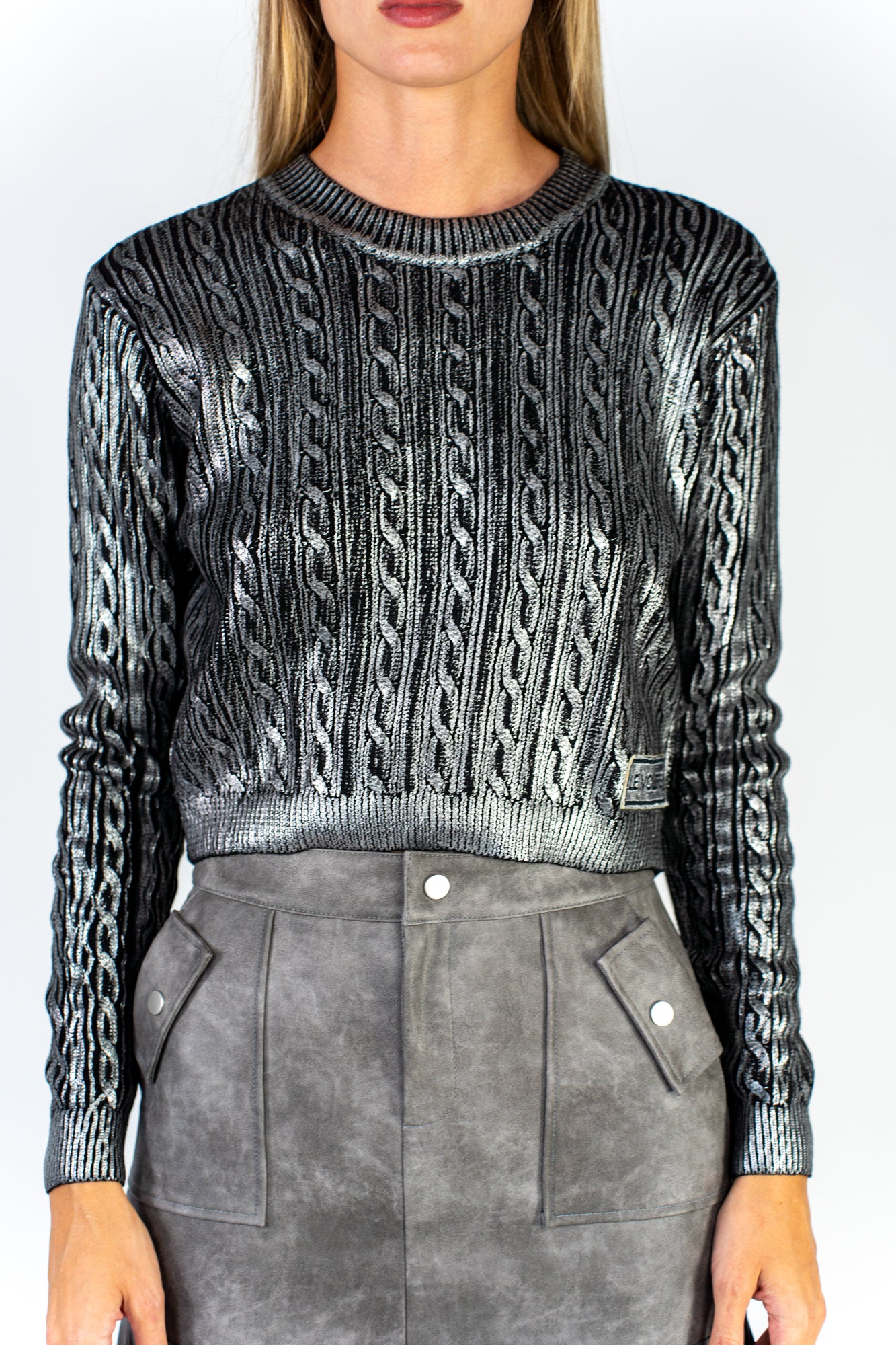 Maglioncino cropped spalmato argento