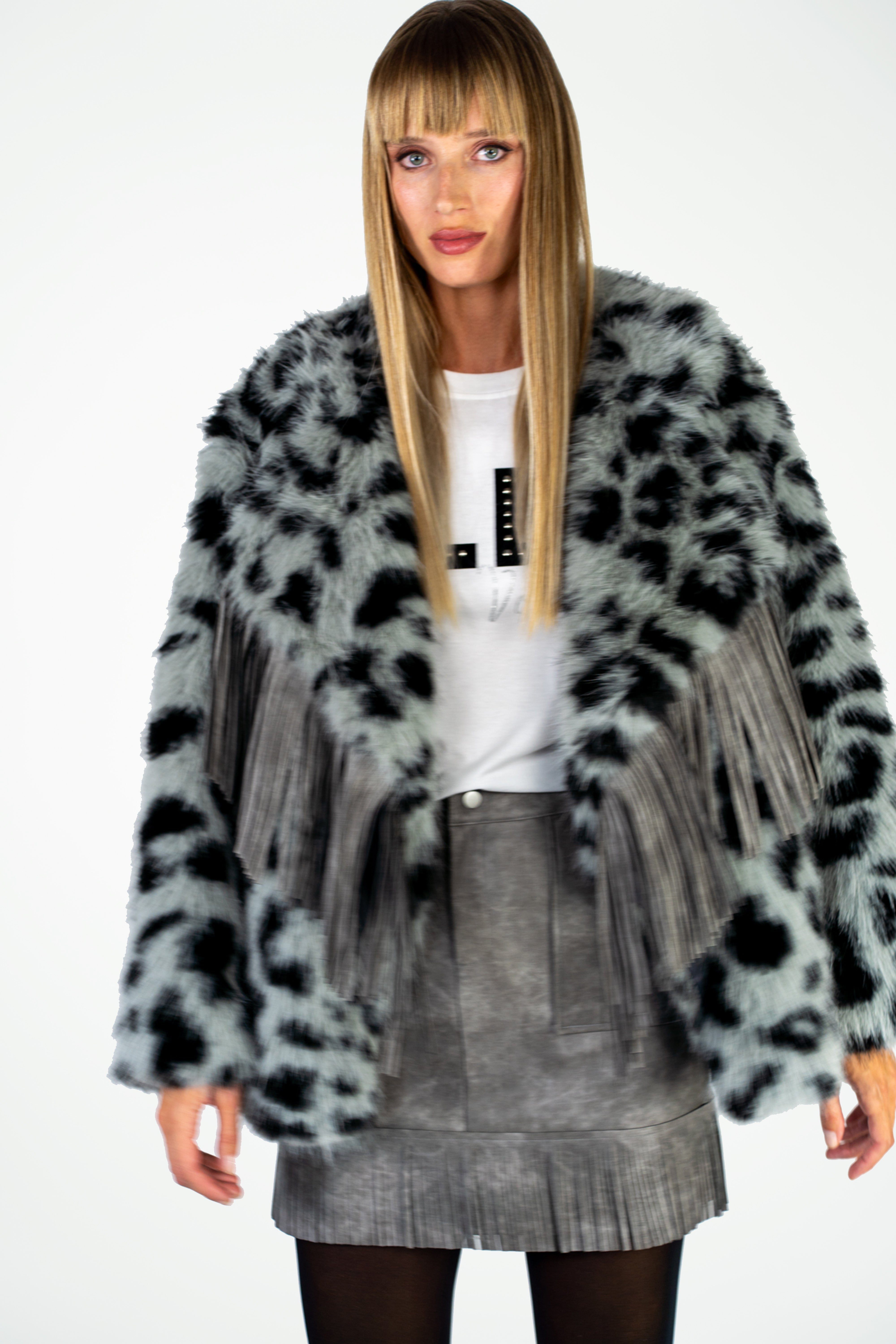 SHEILA Pelliccia oversized leopardata grigia con frange