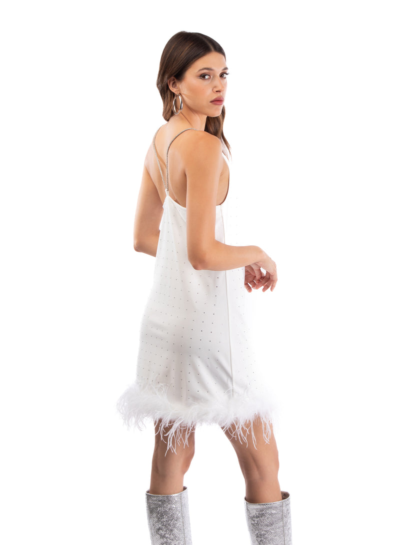 LAUREN Vestito bianco con strass e piume bianche