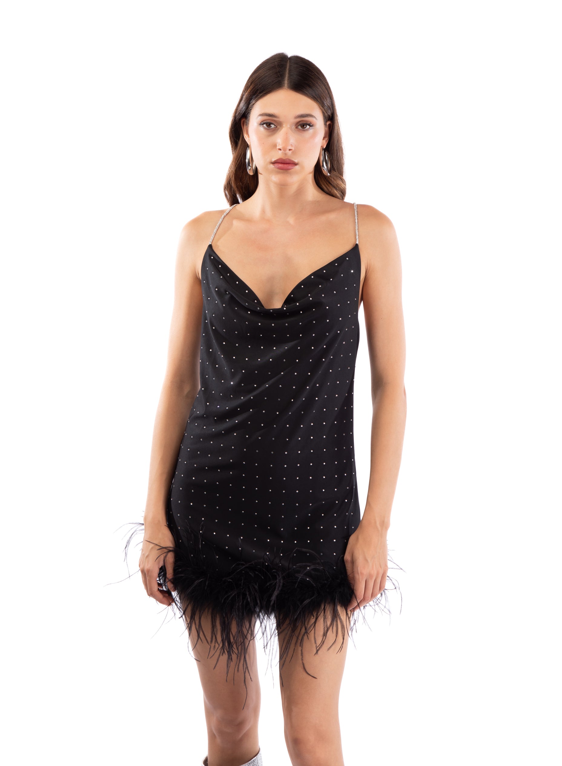 LAUREN Vestito nero con strass e piume nere – Le Voliere