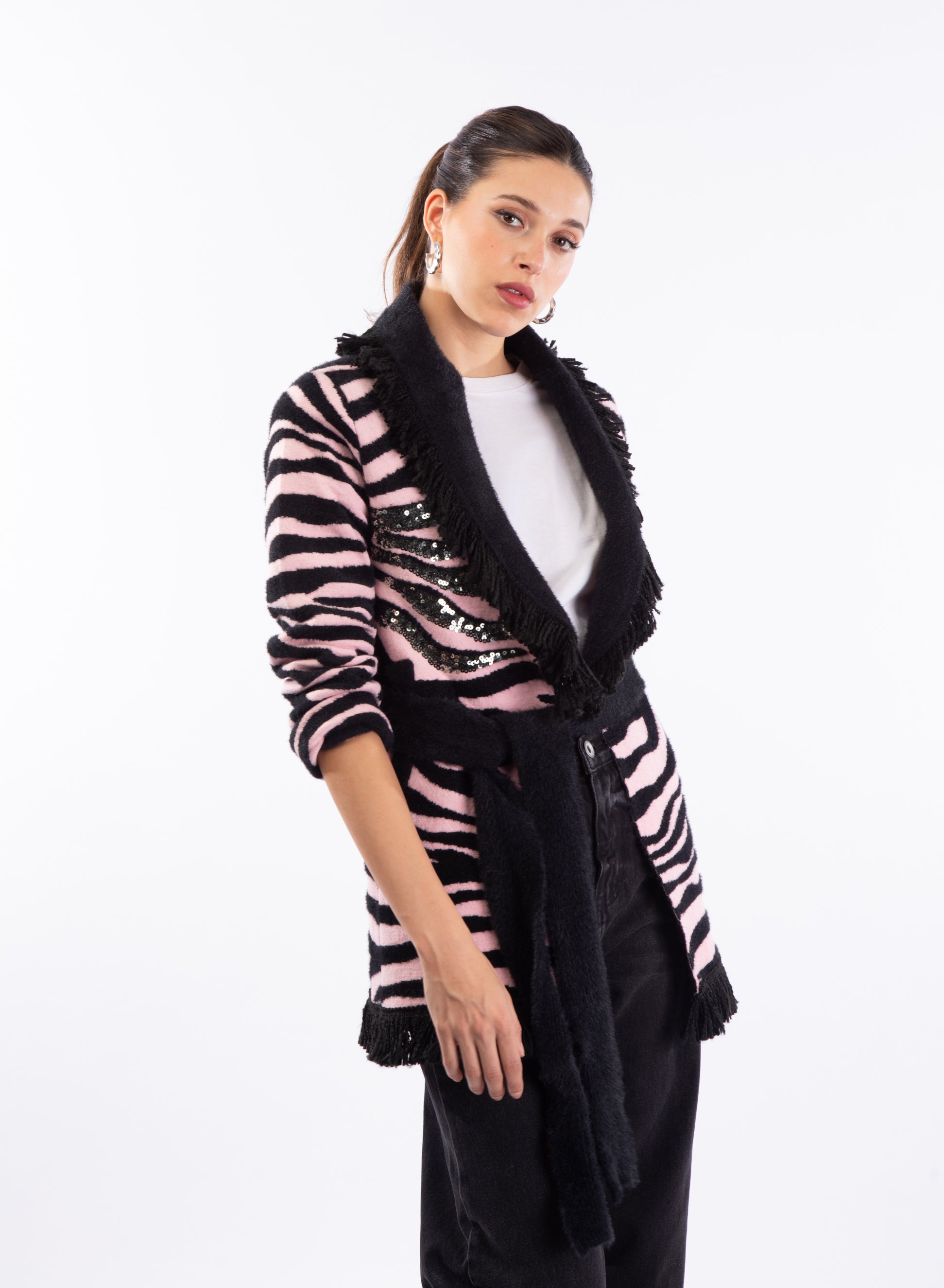 Cardigan/cappotto zebrato rosa e nero con paillettes