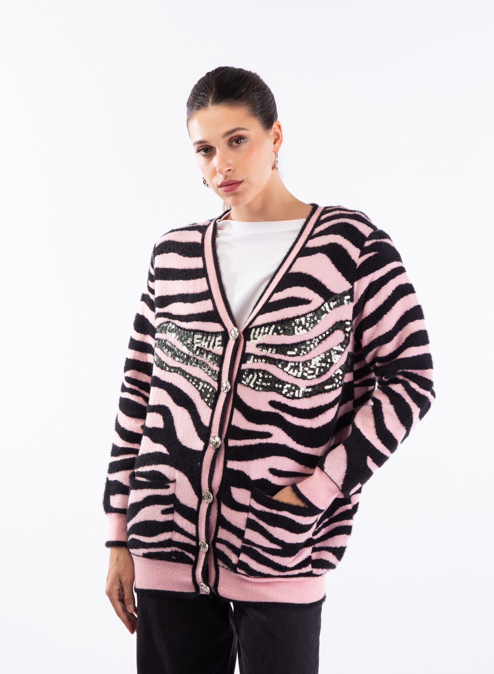 Cardigan zebrato rosa e nero con paillettes