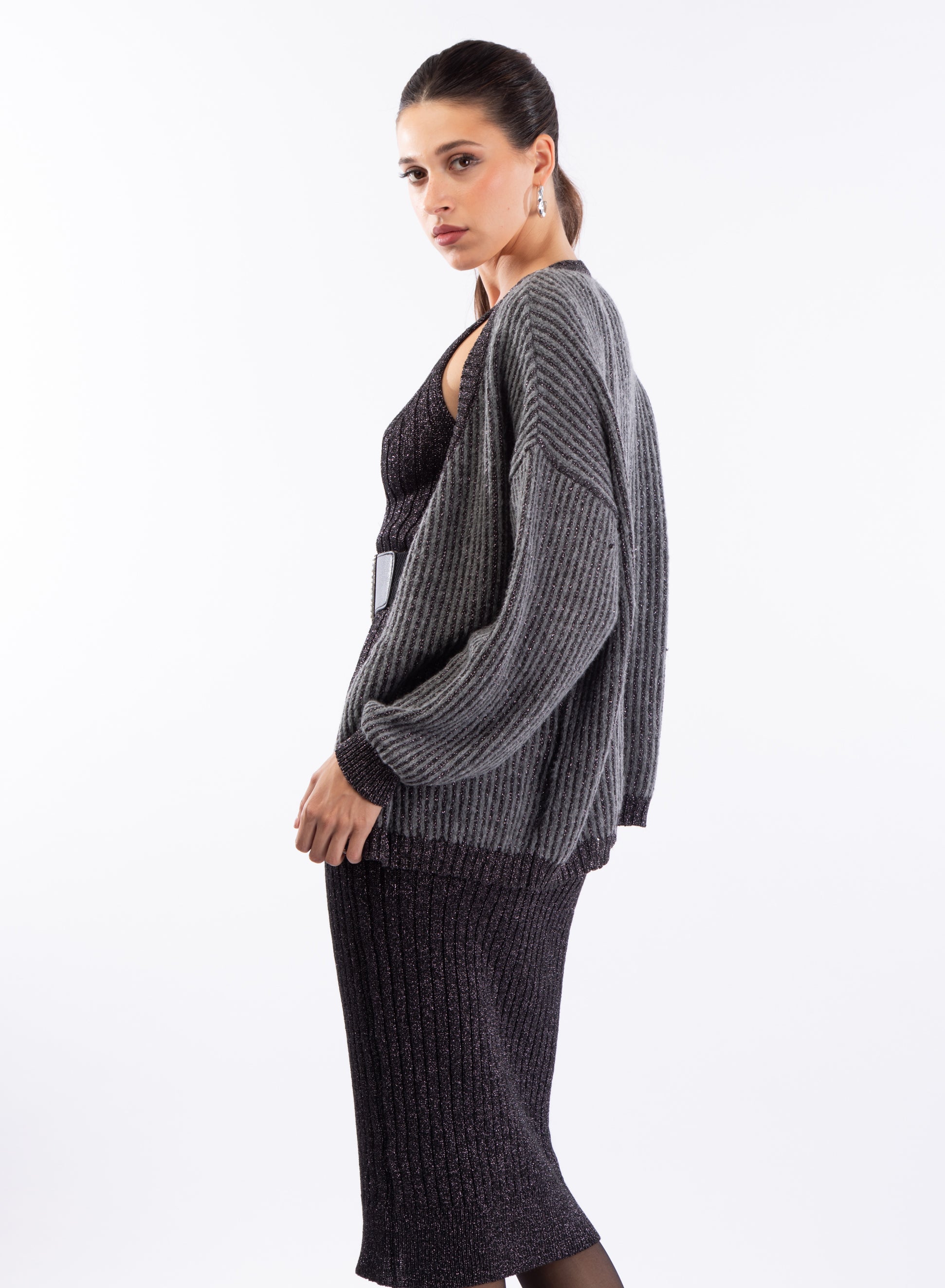 Cardigan a costine grigio con lurex – Le Voliere