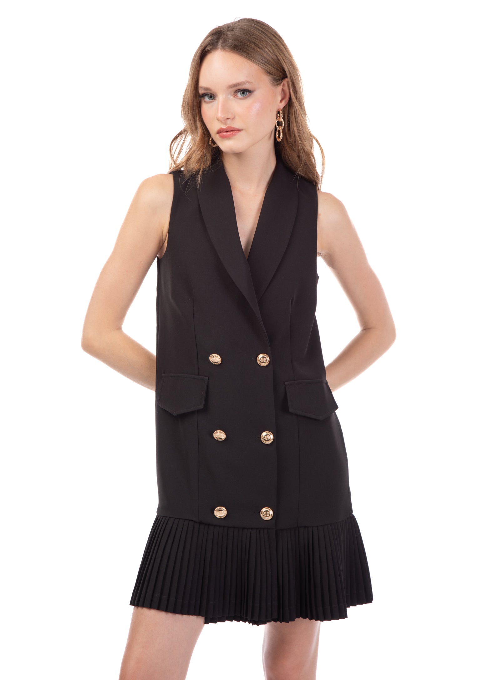 Le Volière Vestito blazer smanicato beige o nero con plissè