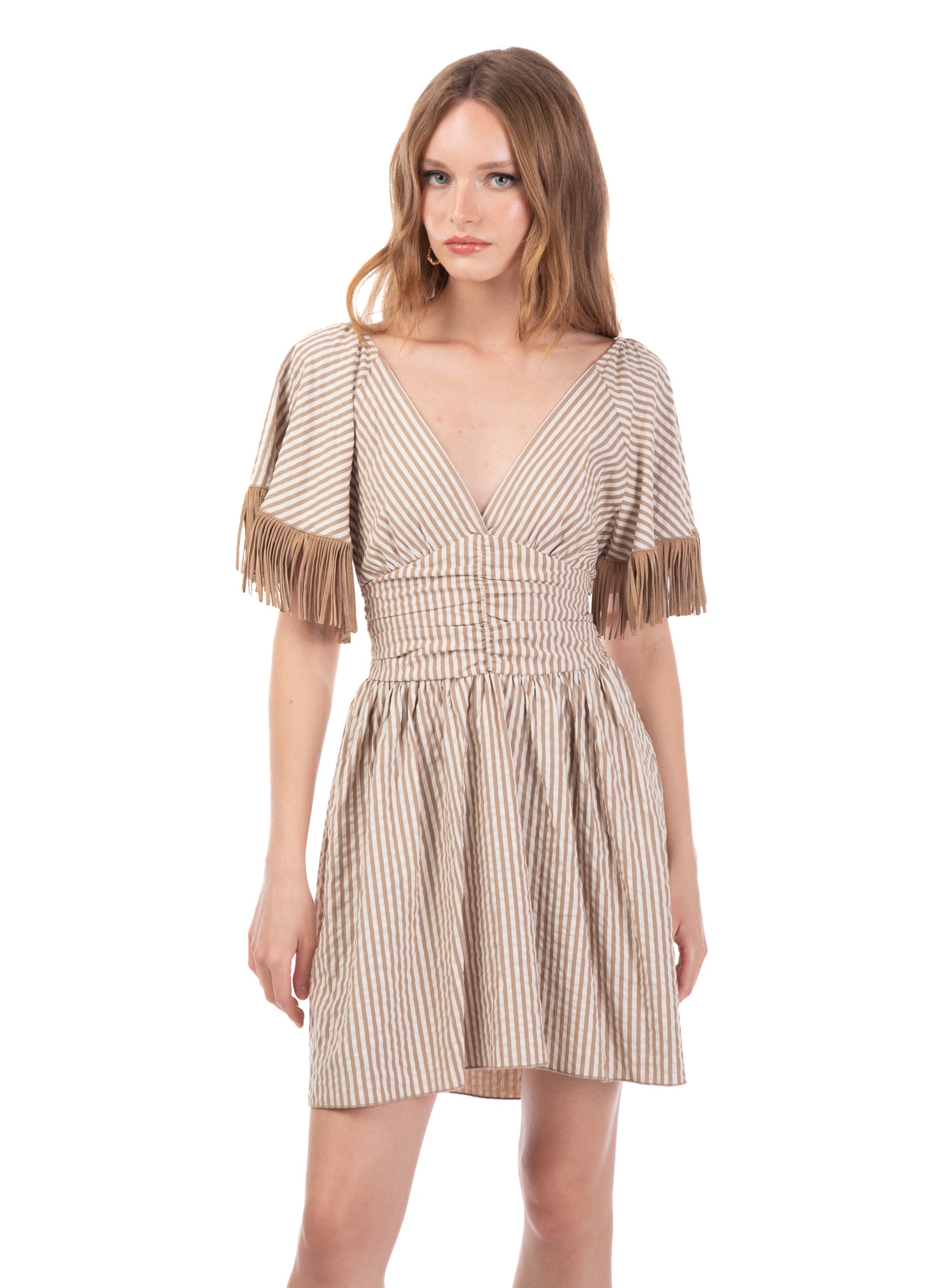 Le Volière Vestito bacchettato beige con frange