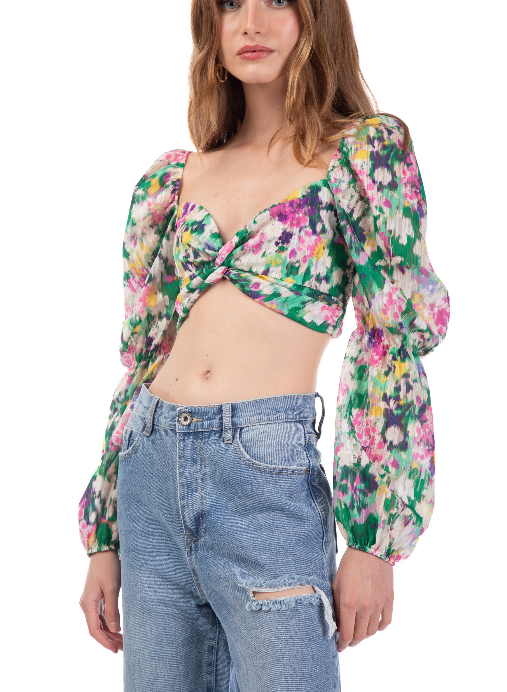 Le Volière Cropped top floreale manica lunga