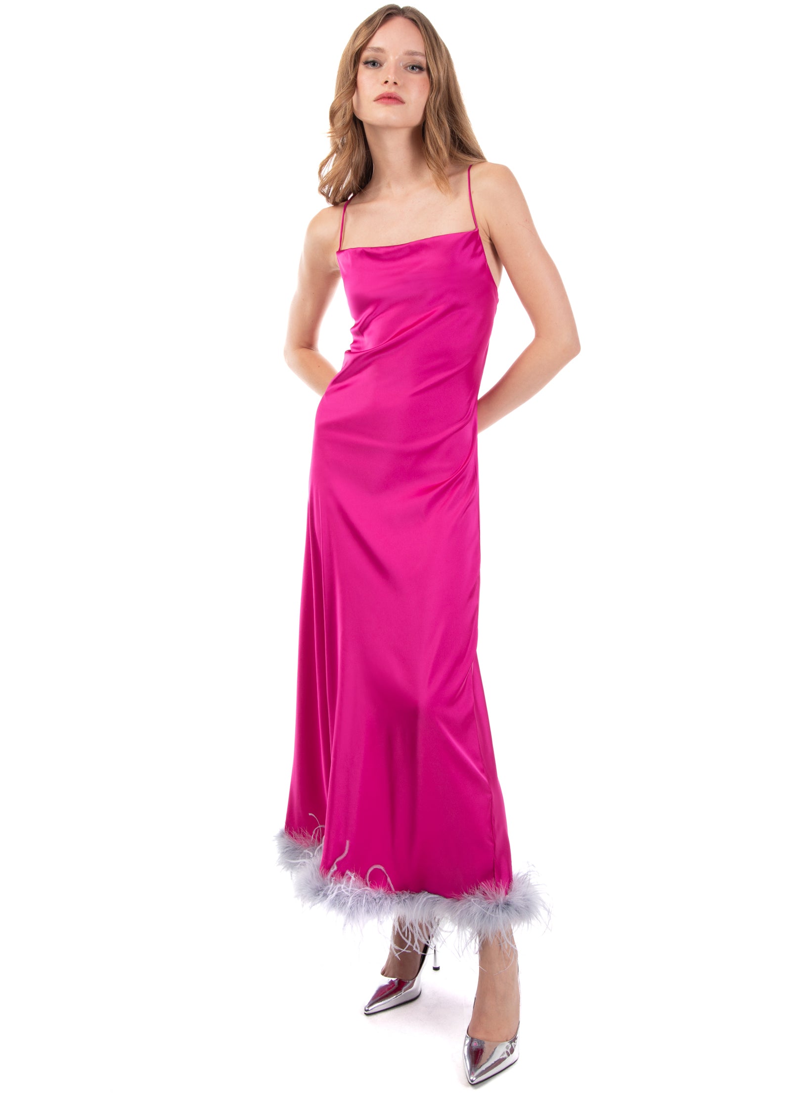 Le Volière Vestito slip dress lungo fucsia con piume