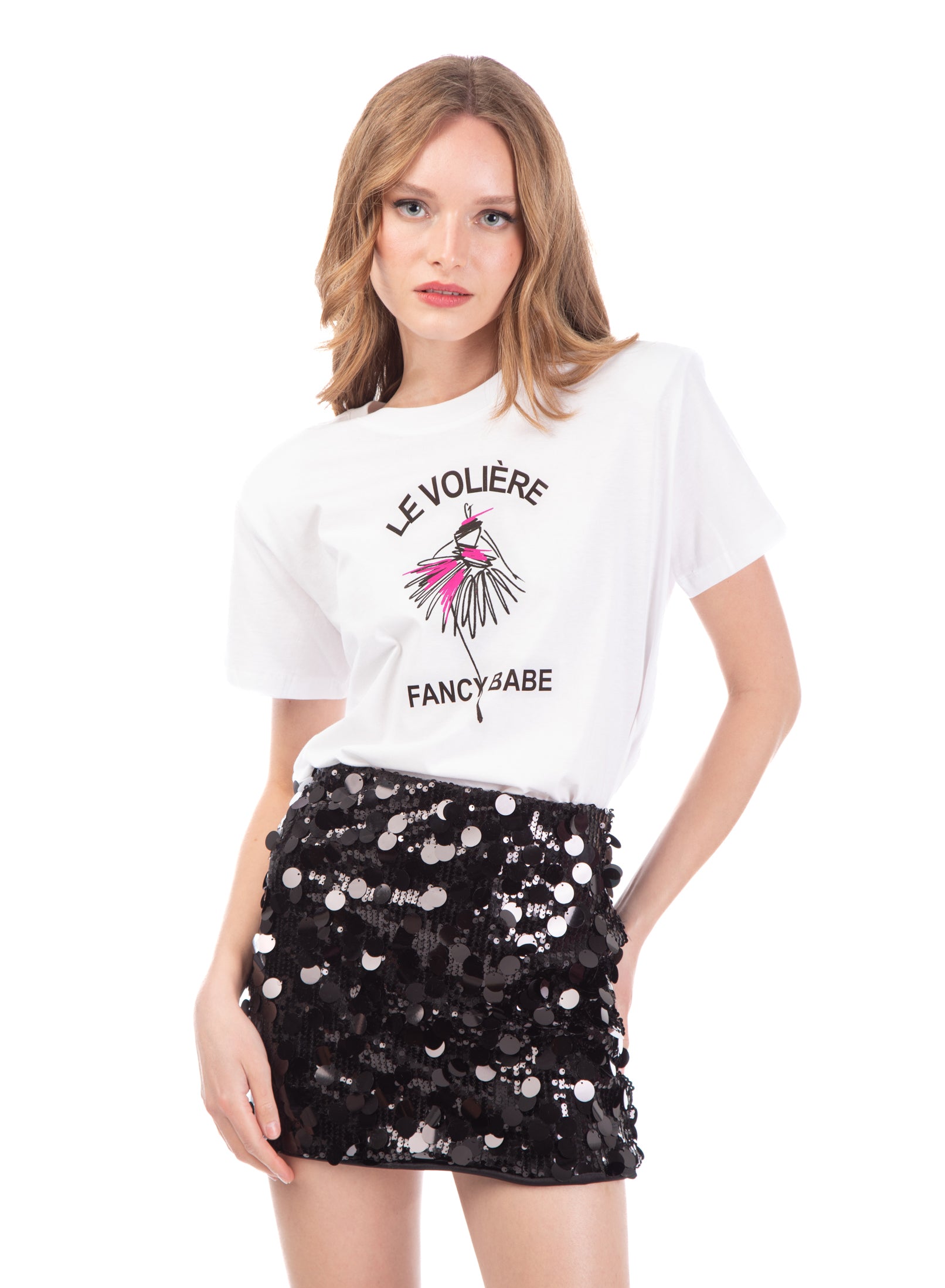 Le Volière T-shirt bianca con stampa 'Le Volière fancy babe'