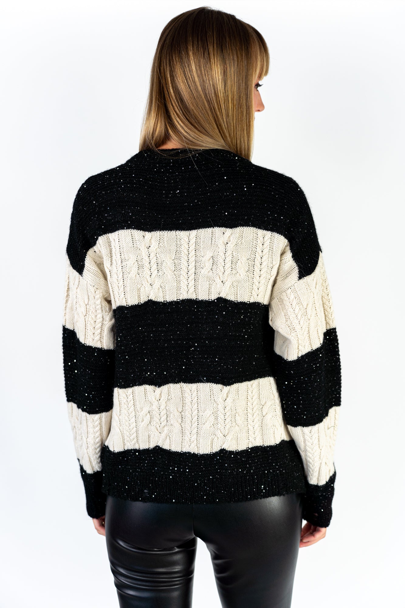 Cardigan a righe nero e avorio con paillettes