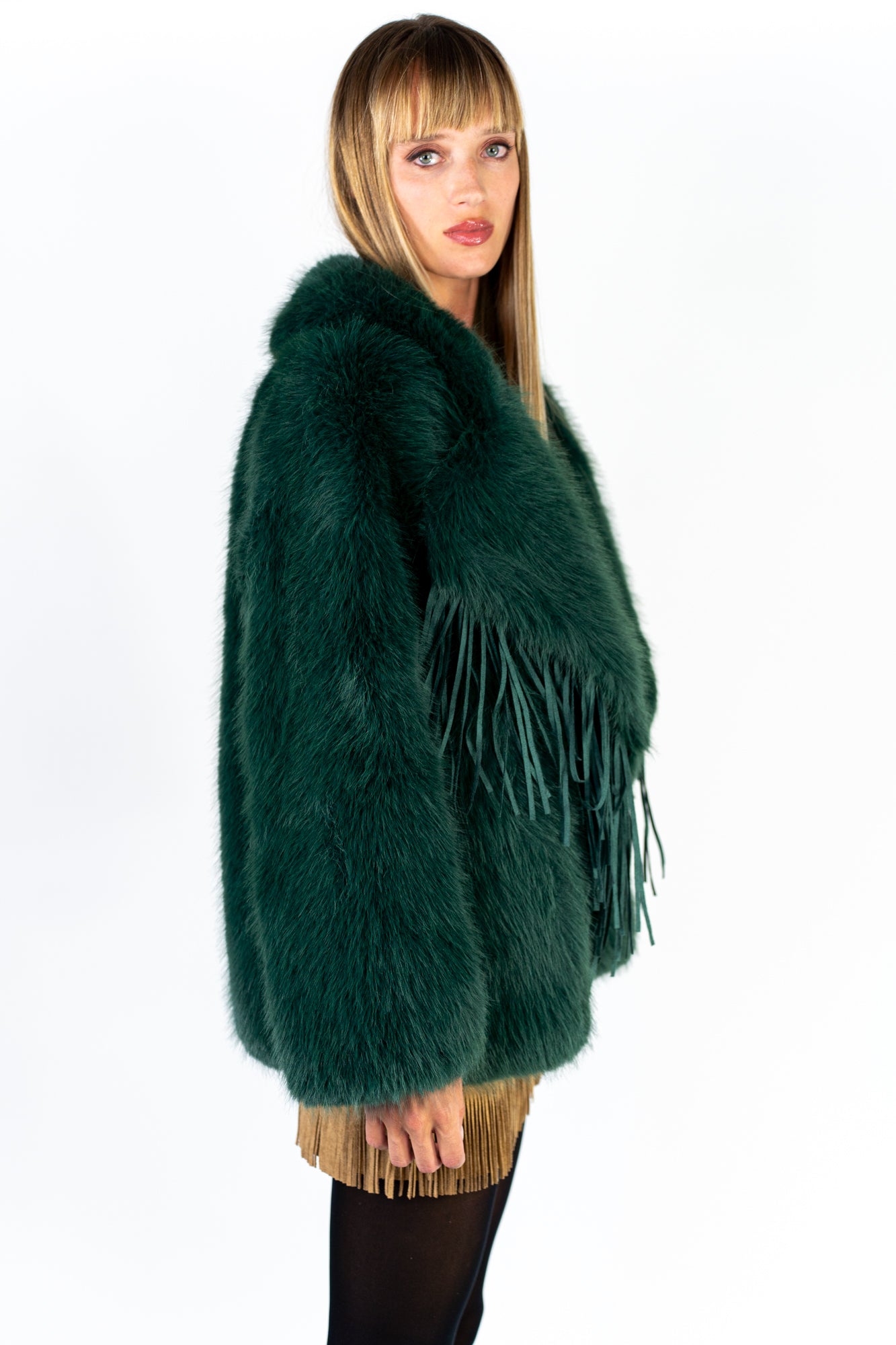 HOPE Pelliccia oversized verde con frange rimovibili