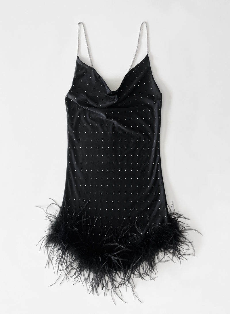 LAUREN Vestito nero con strass e piume nere