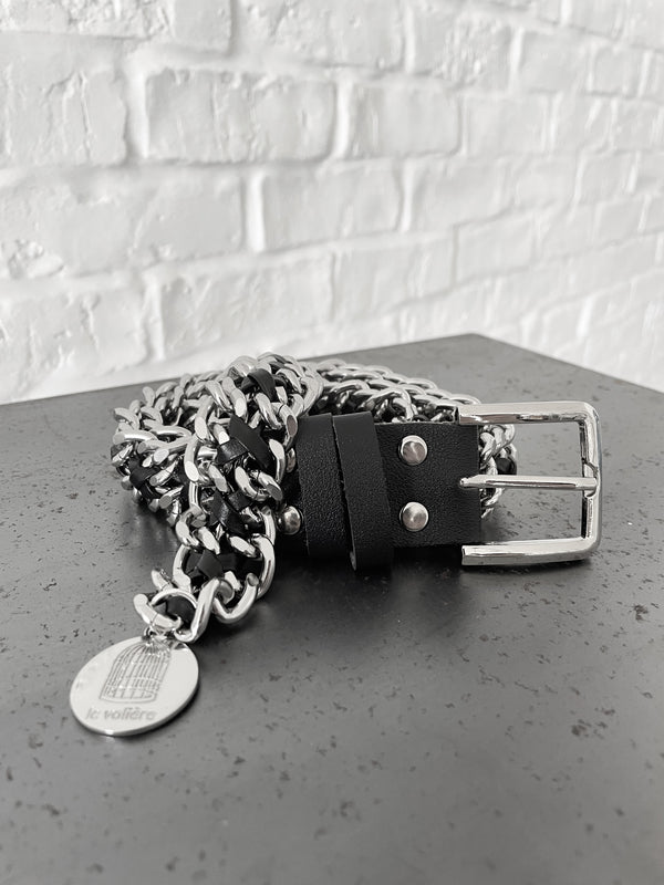 Cintura in catena argento con ecopelle nera