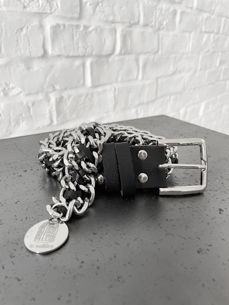 Cintura in catena argento con ecopelle nera